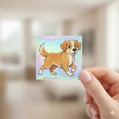 Fotografía de una Impresión de viniles holográficos con dibujo de un perrito